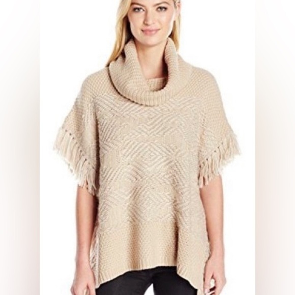 Lucky Brand Sweaters - Lucky Brand Cowl Neck Poncho Fringed Knitted Sweater Tan Women’s Size XS Small